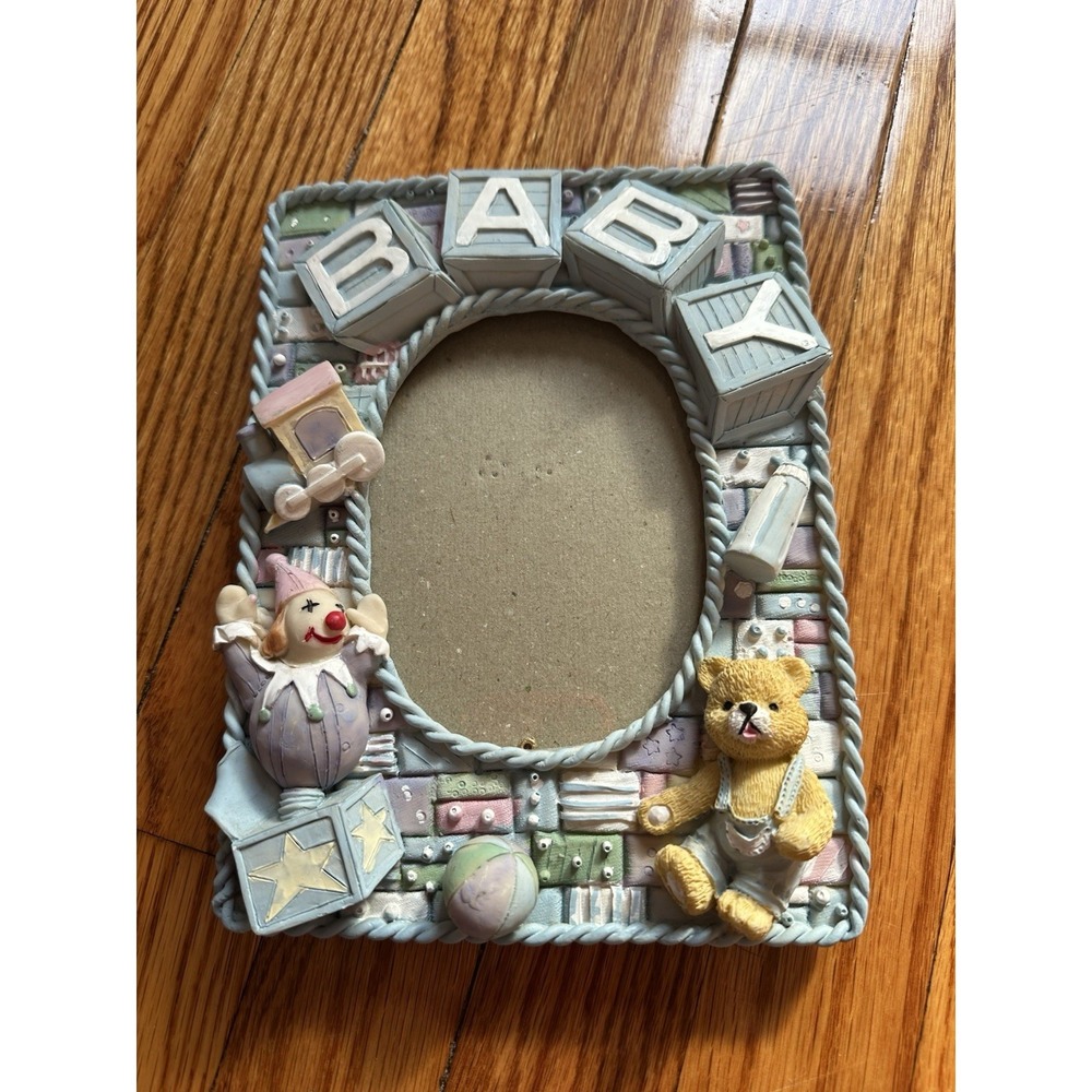 Cottagecore Vintage Baby Picture Frame with Teddy Bear, Ball, Blocks, And Train